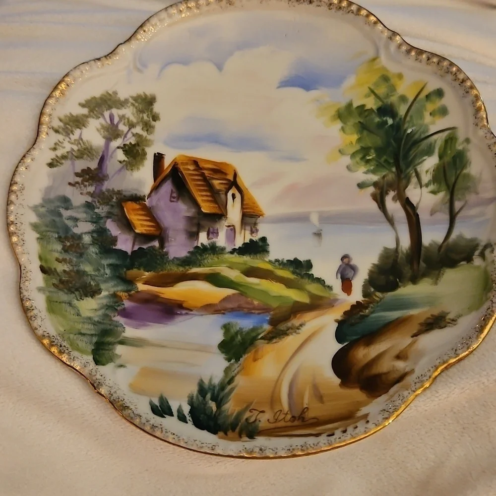 WALES MCM Japanese Handpainted Country Scene Scallop Porcelain Wall Plates